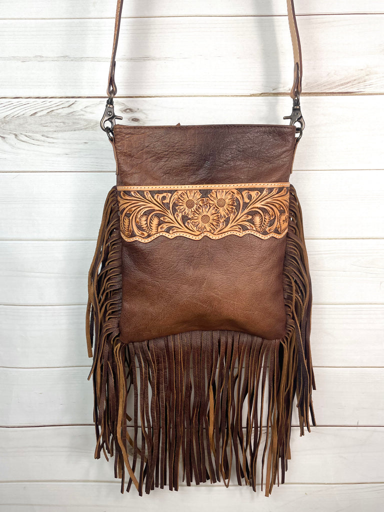 The Arena Handtooled Leather Fringe Purse Over The Shoulder Hand Tooled and Fringe Leather Purse