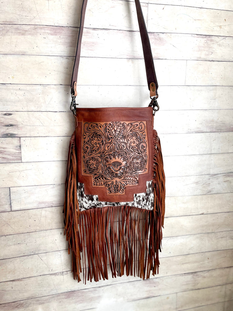 Round About Tooled Leather Hair on Hide Fringe Purse #4