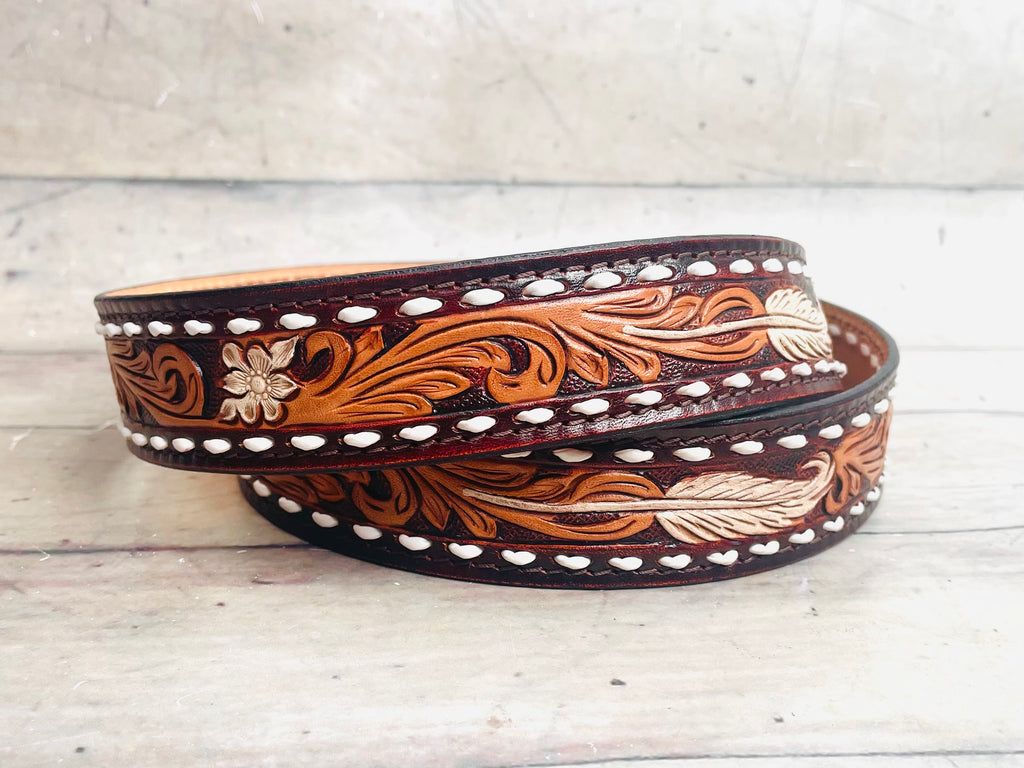 Brown Feather Tooled Leather Handbag Strap with Blue Buckstitch – Cowgirl  Barn & Tack