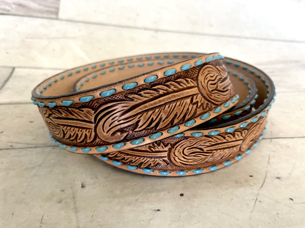 Brown Feather Tooled Leather Handbag Strap with Blue Buckstitch – Cowgirl  Barn & Tack