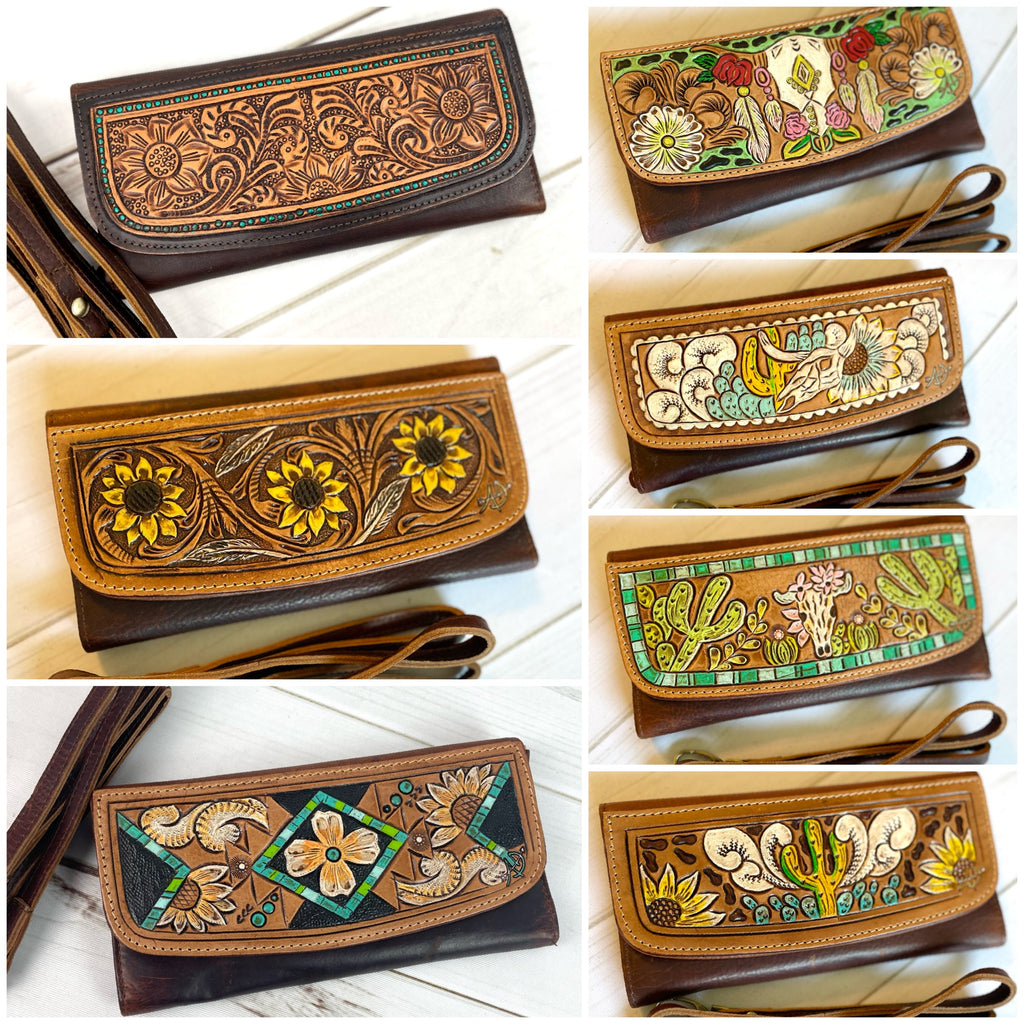 Hand tooled bead painted leather wallet