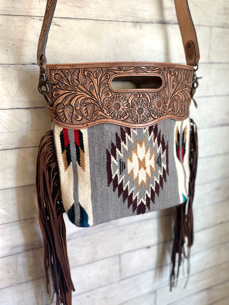 Grey Diamond Pattern Wool Leather Fringe Bag – Cowgirl Barn & Tack