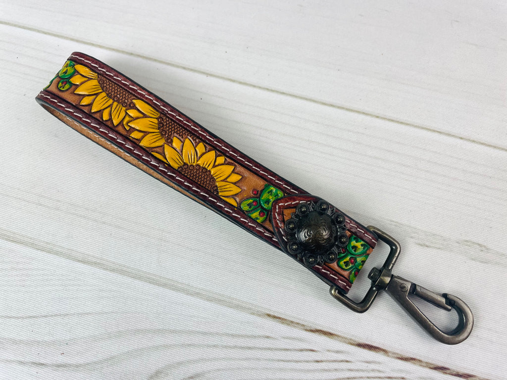 Tooled Leather Sunflower Key Fob Keychain Country Western Style