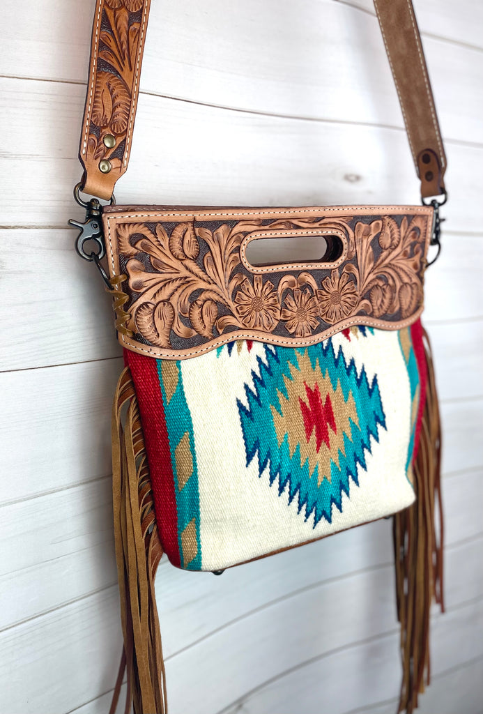 Turquoise Orange Neutral Diamond Pattern Wool Leather Fringe Bag – Cowgirl  Barn & Tack