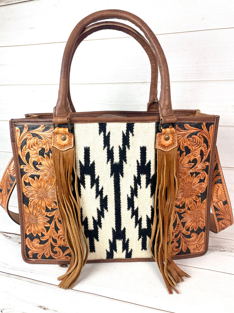 Aztec Tapestry Vegan Leather Studded Tote Bag with Compartments