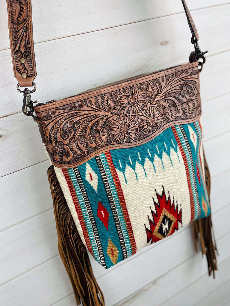 Turquoise Orange Neutral Diamond Pattern Wool Leather Fringe Bag – Cowgirl  Barn & Tack