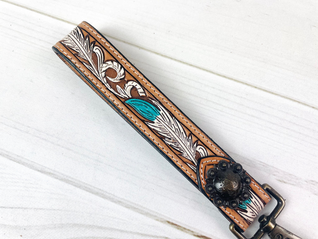 Leather Tooled Purse Strap (Cactus & White Feathers)