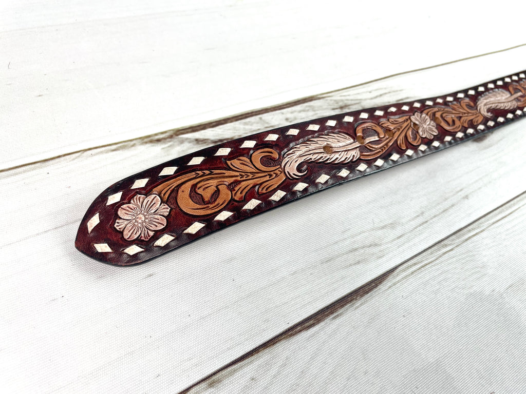 Leather Custom Tooled Feather Belt