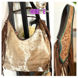 Teal Dotted Border Leather Tooled Cowhide Fringe Hobo Purse