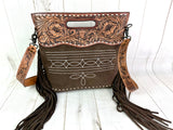 Brown Suede Vintage Stitch and Leather Crossbody Clutch Purse