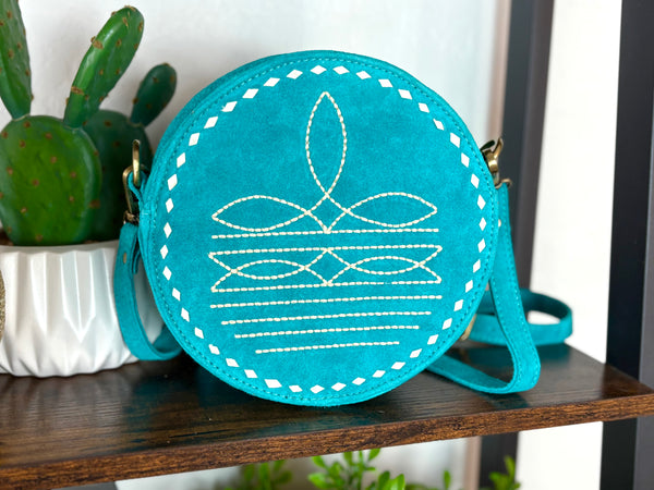 Clearance - Turquoise Suede Round Canteen Crossbody Bag