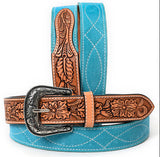 Teal Suede and Leather Tooled Western Belt