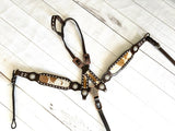 Cowhide on Dark Leather Tack Set with Buckstitch and Crystal Conchos