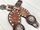 Leather Floral Tooled Buckstitch Spur Straps with Rhinestone Conchos