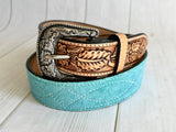 Teal Suede and Leather Tooled Western Belt