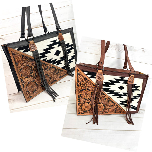 Black and Cream Wool with Tooled Leather Swatch Large Tote Bag