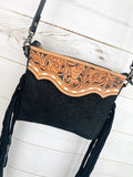 Black Canyon Suede Brocade Leather Tooled Buckstitch Fringe Purse