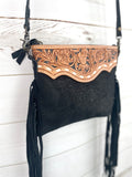 Black Canyon Suede Brocade Leather Tooled Buckstitch Fringe Purse