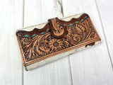 Sunflower Tooled Teal Buckstitch Leather Flap on Cowhide Wallet