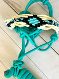 Woven Wool Turquoise Noseband on Black Nylon Cowboy Knot Halter