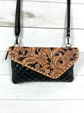 Western Black Quilted Leather Tooled Envelope Style Purse