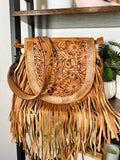 Tan Floral Tooled Leather Saddle Bag Style Fringe Handbag