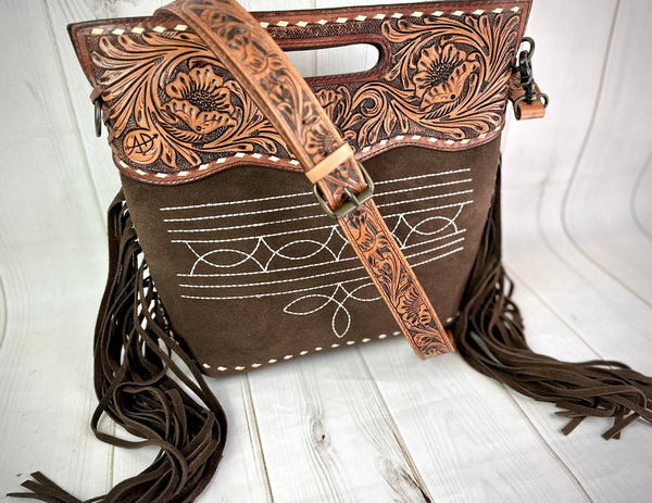 Brown Suede Vintage Stitch and Leather Crossbody Clutch Purse