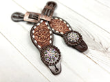 Leather Floral Tooled Buckstitch Spur Straps with Rhinestone Conchos