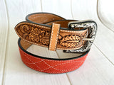 Red Suede and Leather Tooled Western Belt