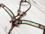 White Cowhide and Leather Tack Set with Turquoise Splatter