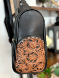 Western Black Leather Tooled Bucktitch Sling Bag