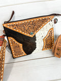 Cowhide and Tooled Leather Wristlet Crossbody Combo Bag