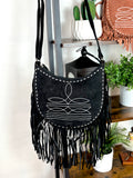 Retro Stitch Western Suede Fringe Hobo Purse