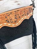 Black Canyon Suede Brocade Leather Tooled Buckstitch Fringe Purse