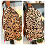 Leather Tooled and Cowhide Western Sling Bag