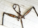 Cowhide on Dark Leather Tack Set with Buckstitch and Crystal Conchos