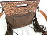 Brown Suede Vintage Stitch and Leather Crossbody Clutch Purse