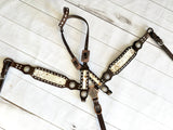 Cowhide on Dark Leather Tack Set with Buckstitch and Crystal Conchos