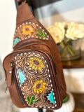 Sunflower Southwest Leather Tooled Sling Bag