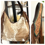 Teal Dotted Border Leather Tooled Cowhide Fringe Hobo Purse