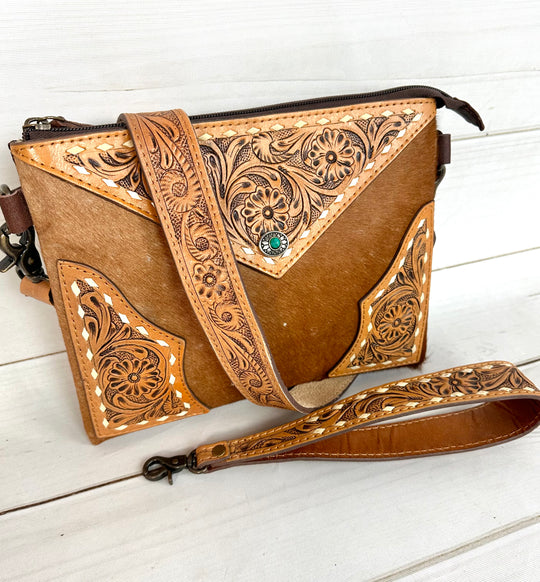 Cowhide and Tooled Leather Wristlet Crossbody Combo Bag