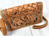 Teal Border Tooled Leather Wallet Organizer