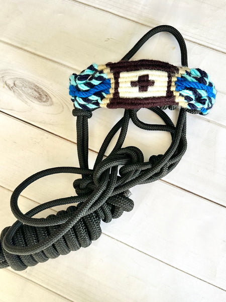 Woven Wool Blue Noseband on Black Nylon Cowboy Knot Halter