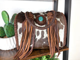 Cowhide Leather Braided Handle Fringe Handbag