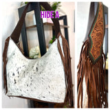 Teal Dotted Border Leather Tooled Cowhide Fringe Hobo Purse