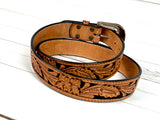 Tan and Black Leather Floral Tooled Western Belt