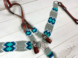 Grey and Turquoise Corded Cotton and Leather Tack Set