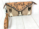 Greige Wool Patterned Leather Tooled Clutch Wristlet