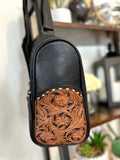 Western Black Leather Tooled Bucktitch Sling Bag