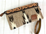 Greige Wool Patterned Leather Tooled Clutch Wristlet